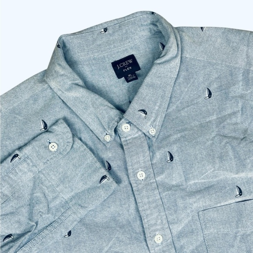 J Crew Dress Shirt Mens XL 17-17.5 Flex Button Up Denim‎ Blue Sailboat Print